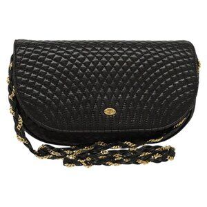 Authentic BALLY Quilted Chain Shoulder Bag Leather Black Gold